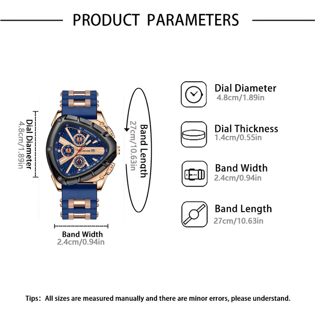 Luxury Men Watch Silicone Band Triangle Dial Unique Watch Date Watch, Quartz Watch |Business Watch