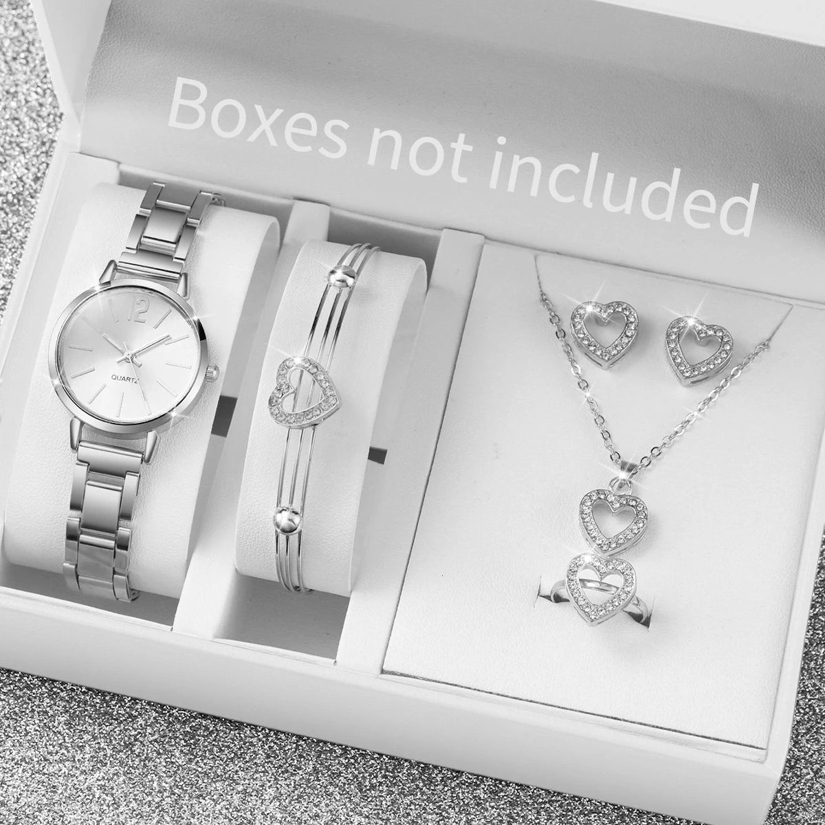 6Pcs/Set Fashion Women'S Quartz Watch Stainless Steel Band Wrist Watches Diamond Jewelry Set(Without Box)
