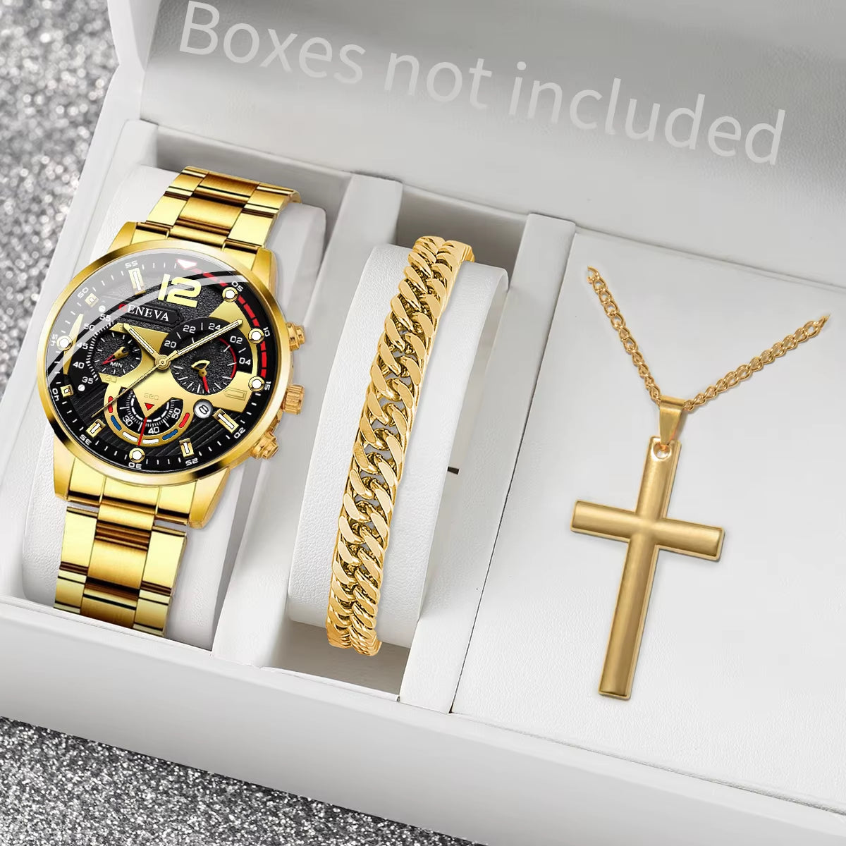3PCS Fashion Men'S Watches Stainless Steel Band Analog Quartz Watch Date Watches Jewelry Set Reloj Hombre（Without Box）