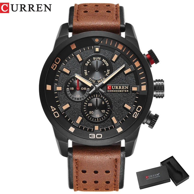 8250 Men'S Waterproof Casual Three-Hand Watch Business Leather Breathable Strap Wristwatch