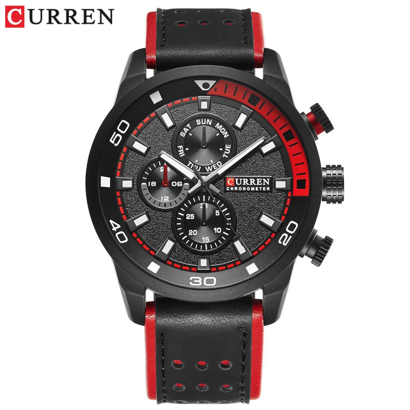 8250 Men'S Waterproof Casual Three-Hand Watch Business Leather Breathable Strap Wristwatch