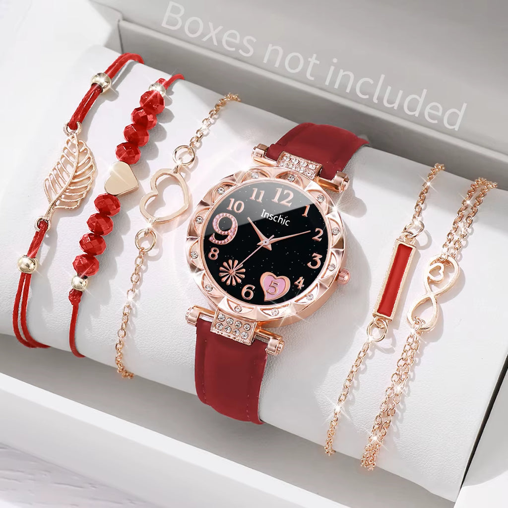 6Pcs/Set Fashion Heart Dial Women'S Watch Casual Leather Band Analog Quartz Watch Leaf Bracelets Set（Without Box）
