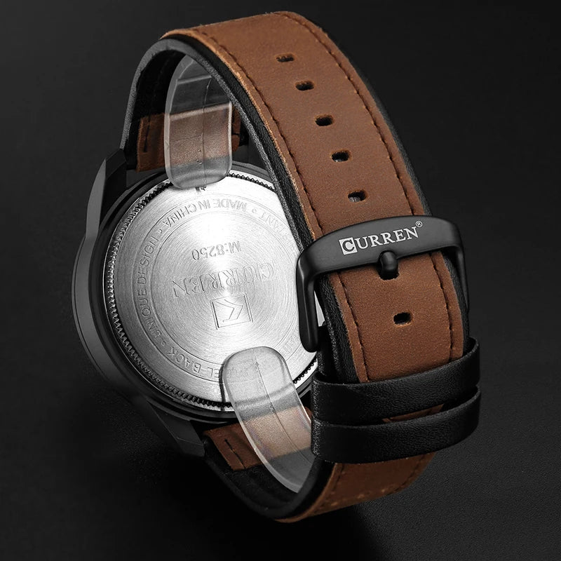 8250 Men'S Waterproof Casual Three-Hand Watch Business Leather Breathable Strap Wristwatch