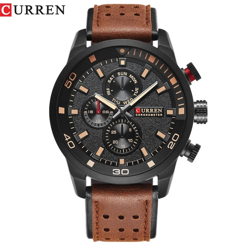 8250 Men'S Waterproof Casual Three-Hand Watch Business Leather Breathable Strap Wristwatch