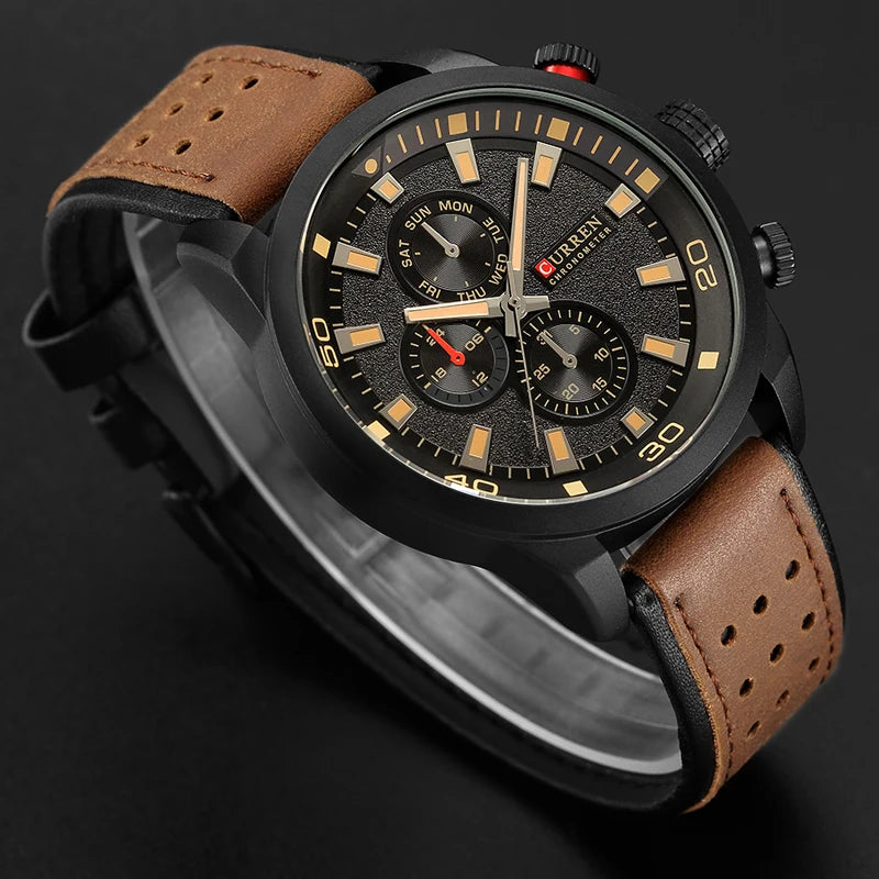 8250 Men'S Waterproof Casual Three-Hand Watch Business Leather Breathable Strap Wristwatch