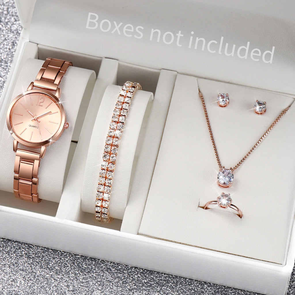 6Pcs/Set Fashion Women'S Quartz Watch Stainless Steel Band Wrist Watches Diamond Jewelry Set(Without Box)