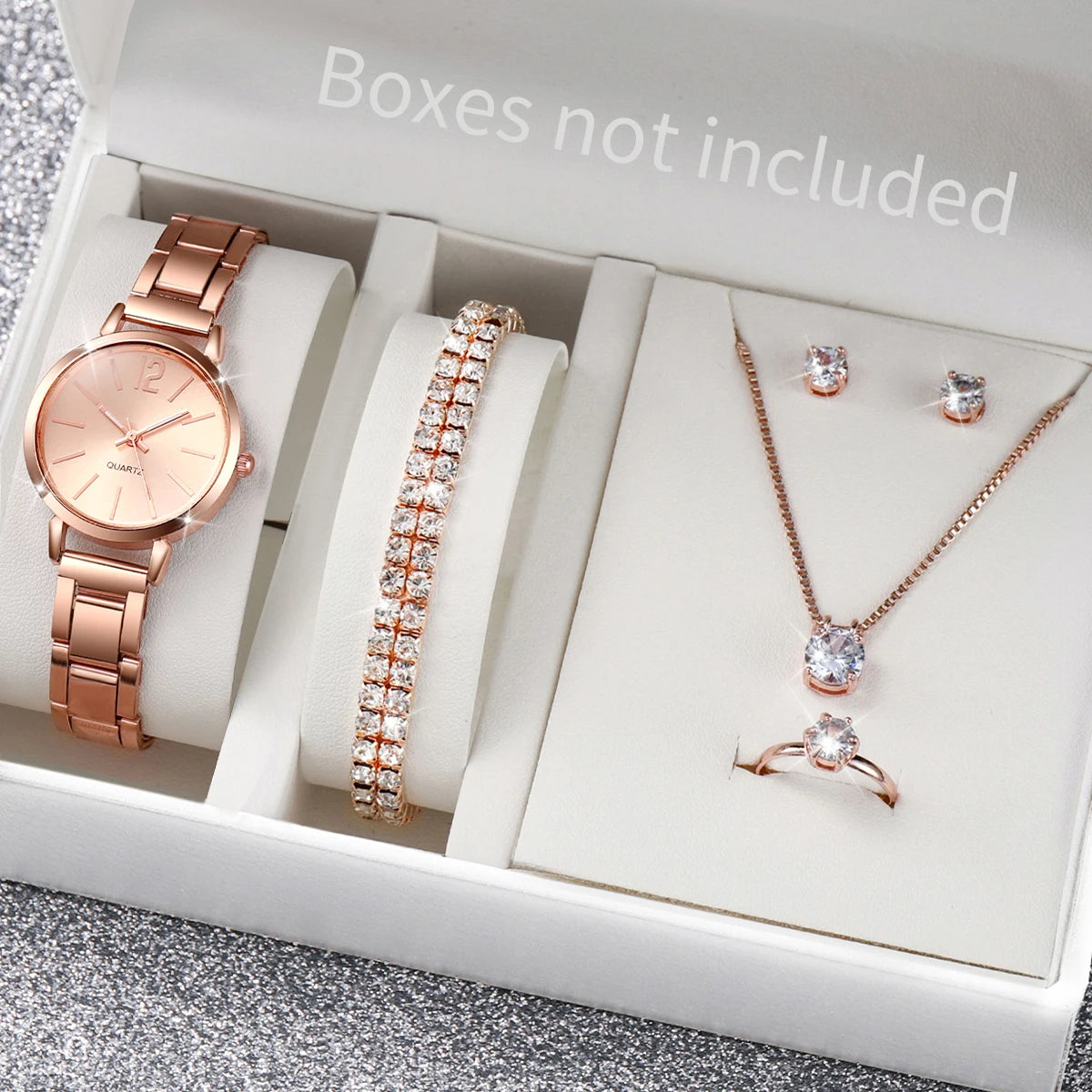 6Pcs/Set Fashion Women'S Quartz Watch Stainless Steel Band Wrist Watches Diamond Jewelry Set(Without Box)