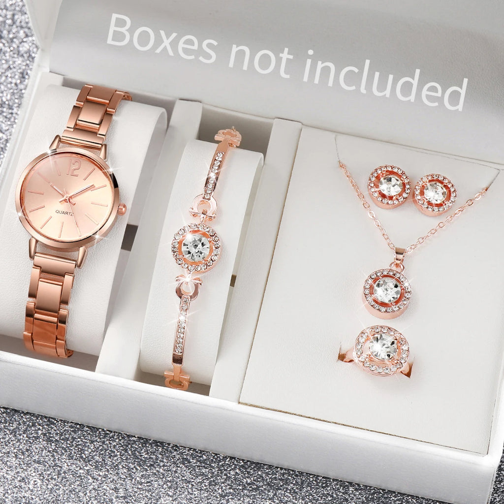 6Pcs/Set Fashion Women'S Quartz Watch Stainless Steel Band Wrist Watches Diamond Jewelry Set(Without Box)