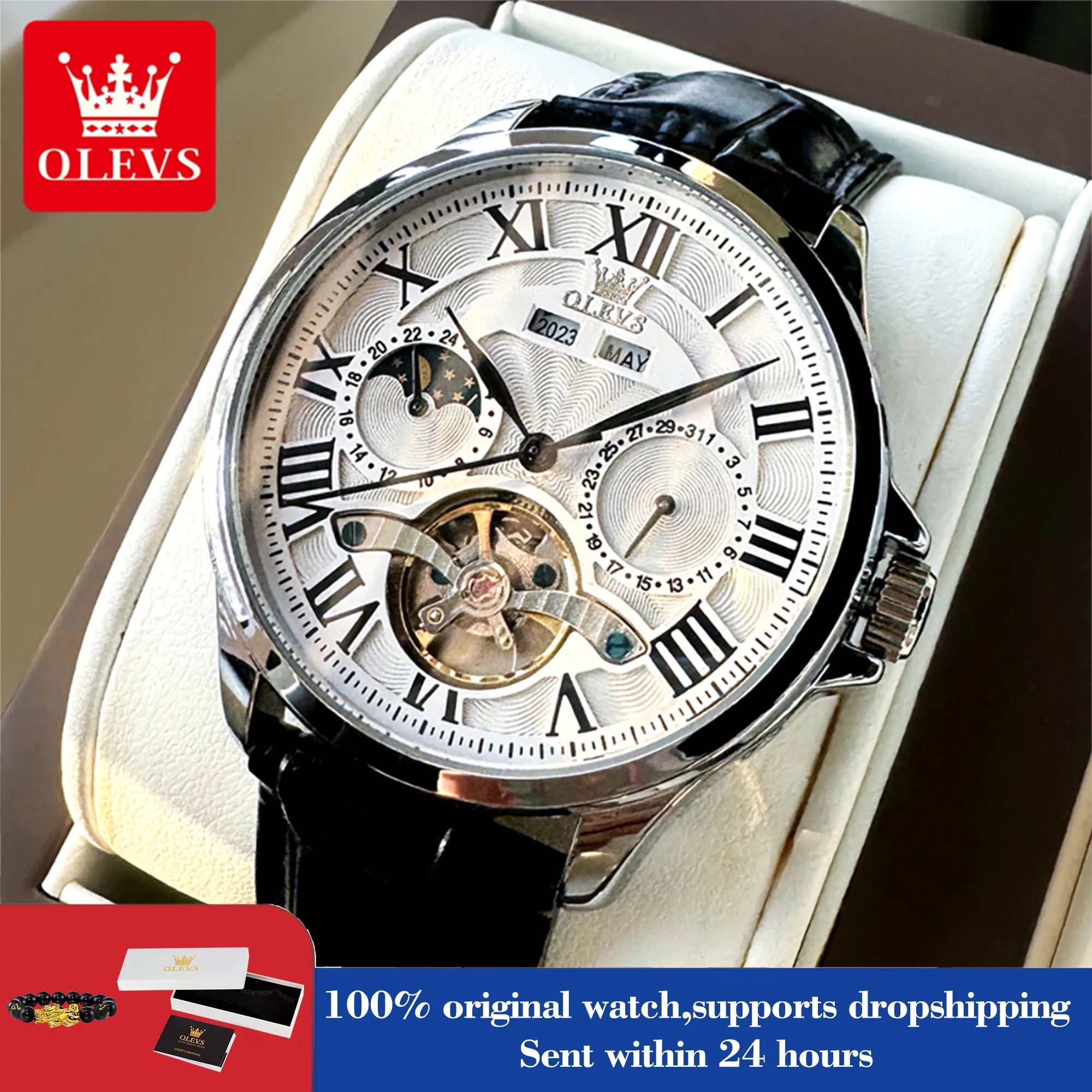 7013 Men'S Watch Fashion Moon Phase Mechanical Watch for Men Waterproof Roman Scale Hollow Flywheel Automatic Hand Clock