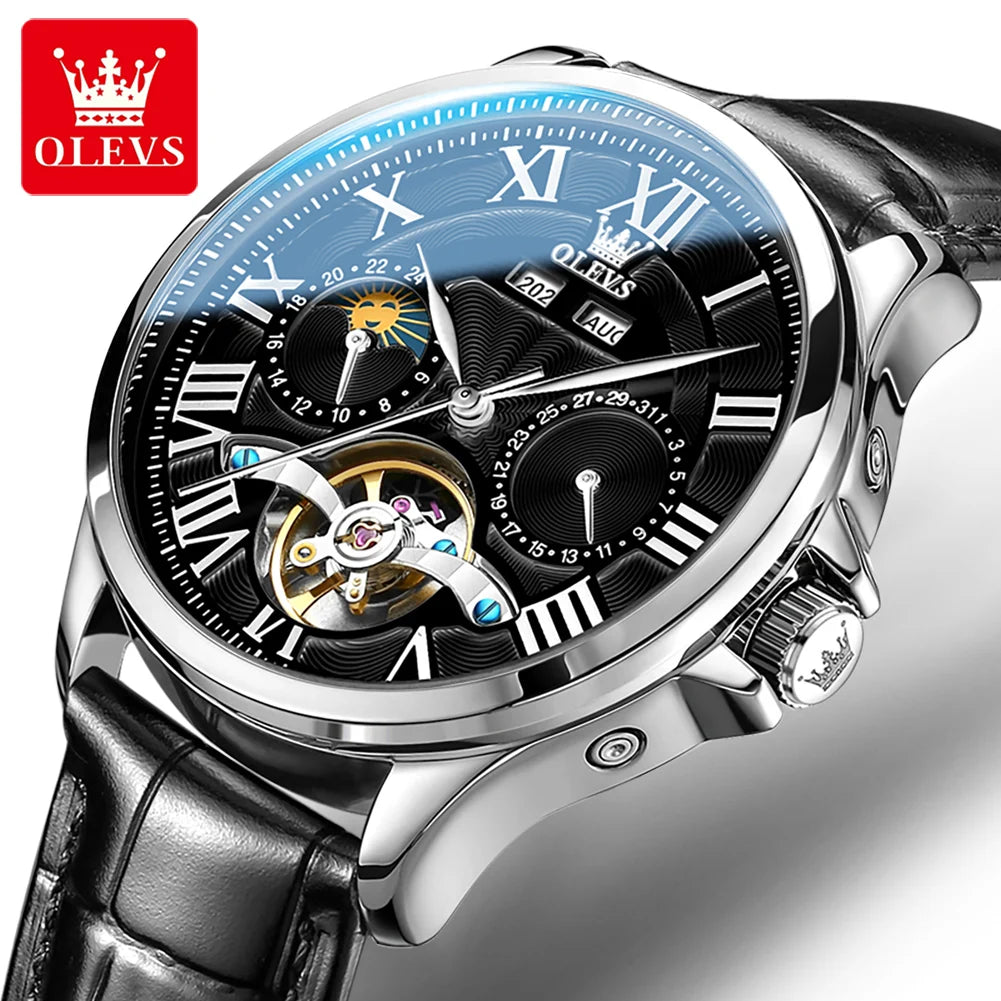 7013 Men'S Watch Fashion Moon Phase Mechanical Watch for Men Waterproof Roman Scale Hollow Flywheel Automatic Hand Clock