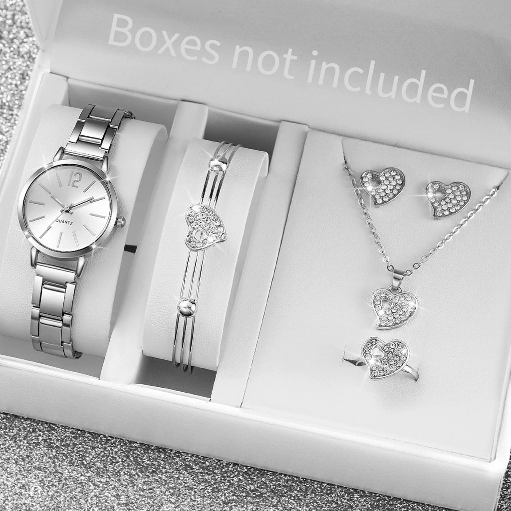6Pcs/Set Fashion Women'S Quartz Watch Stainless Steel Band Wrist Watches Diamond Jewelry Set(Without Box)