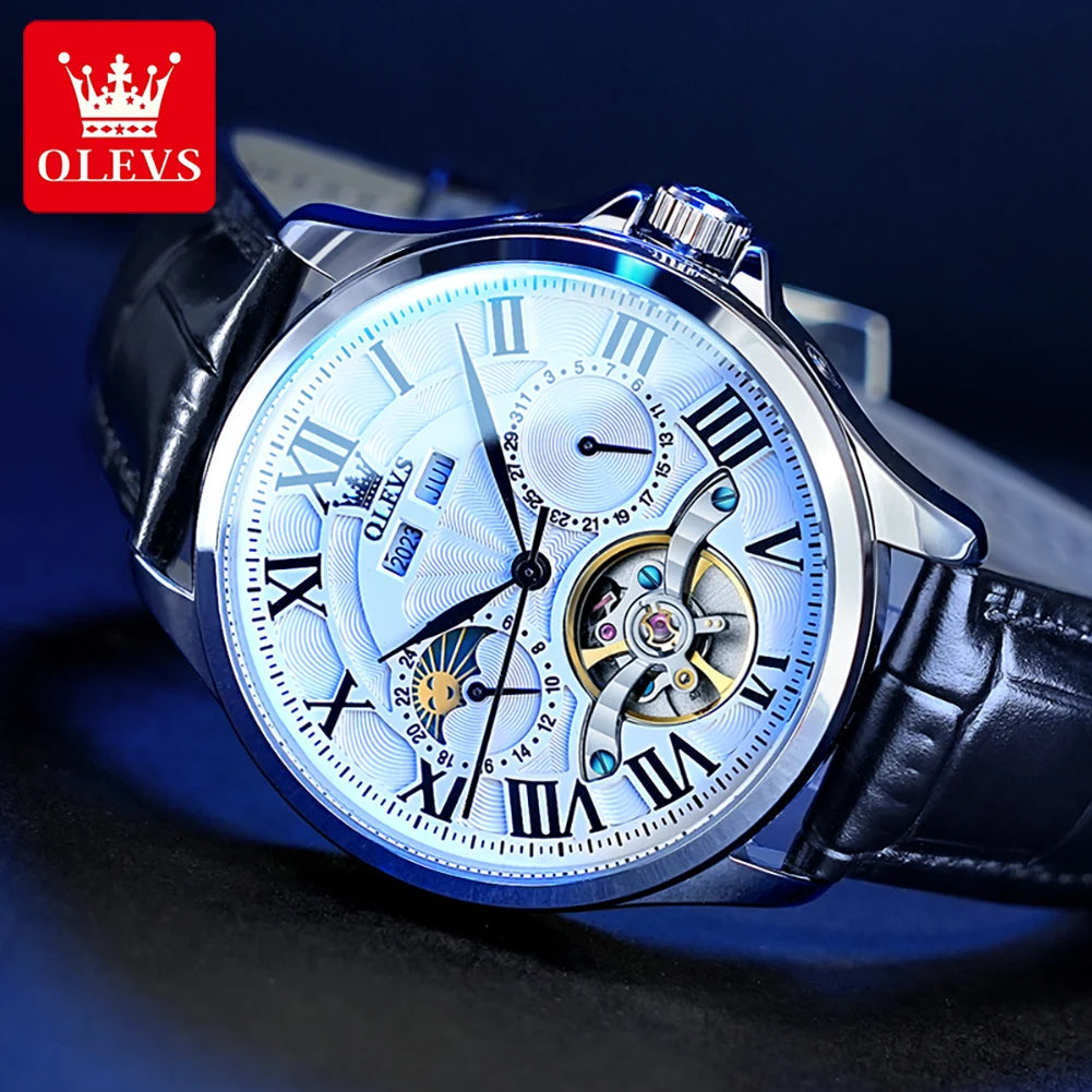 7013 Men'S Watch Fashion Moon Phase Mechanical Watch for Men Waterproof Roman Scale Hollow Flywheel Automatic Hand Clock