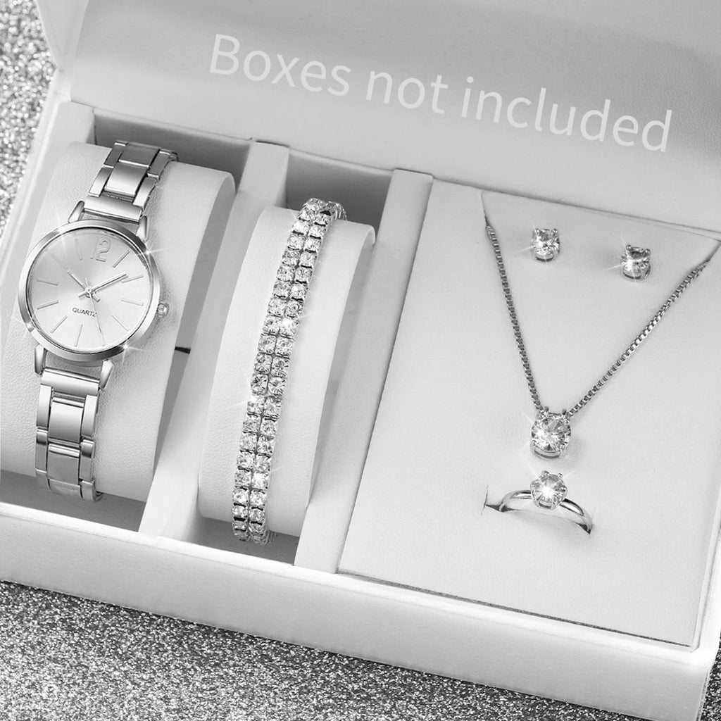 6Pcs/Set Fashion Women'S Quartz Watch Stainless Steel Band Wrist Watches Diamond Jewelry Set(Without Box)