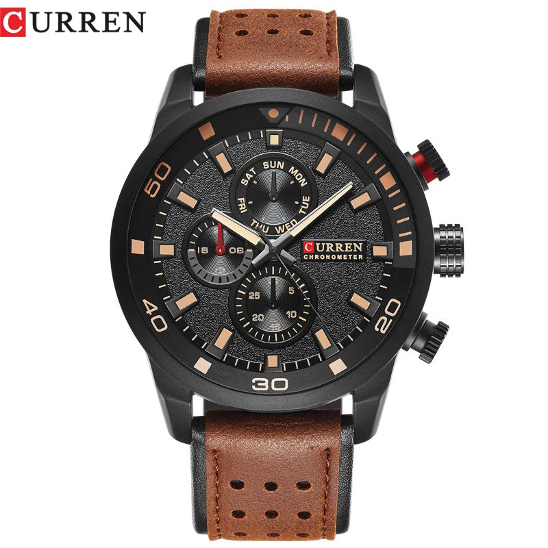 8250 Men'S Waterproof Casual Three-Hand Watch Business Leather Breathable Strap Wristwatch