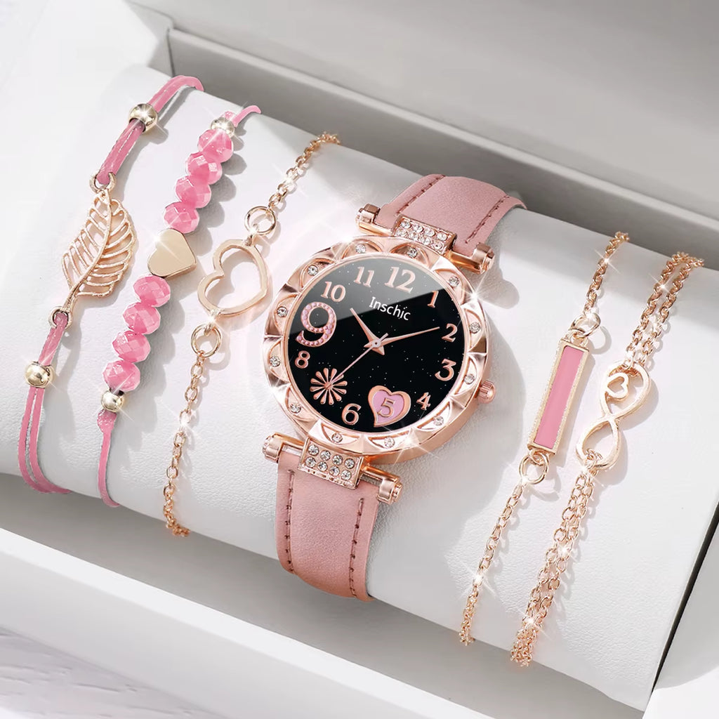 6Pcs/Set Fashion Heart Dial Women'S Watch Casual Leather Band Analog Quartz Watch Leaf Bracelets Set（Without Box）