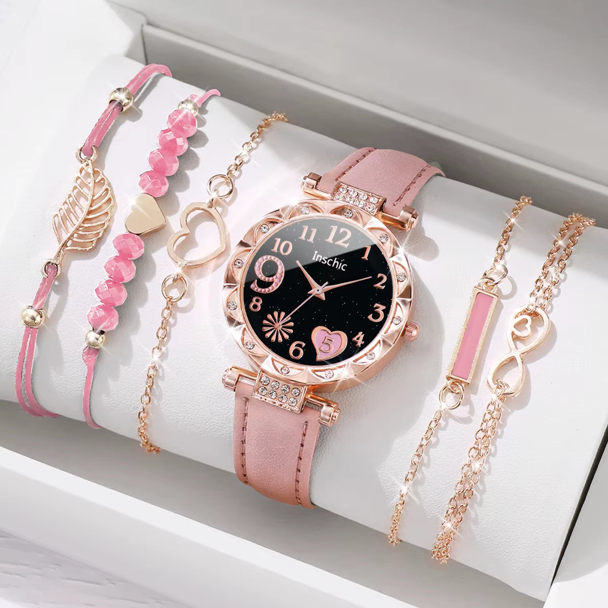6Pcs/Set Fashion Heart Dial Women'S Watch Casual Leather Band Analog Quartz Watch Leaf Bracelets Set（Without Box）