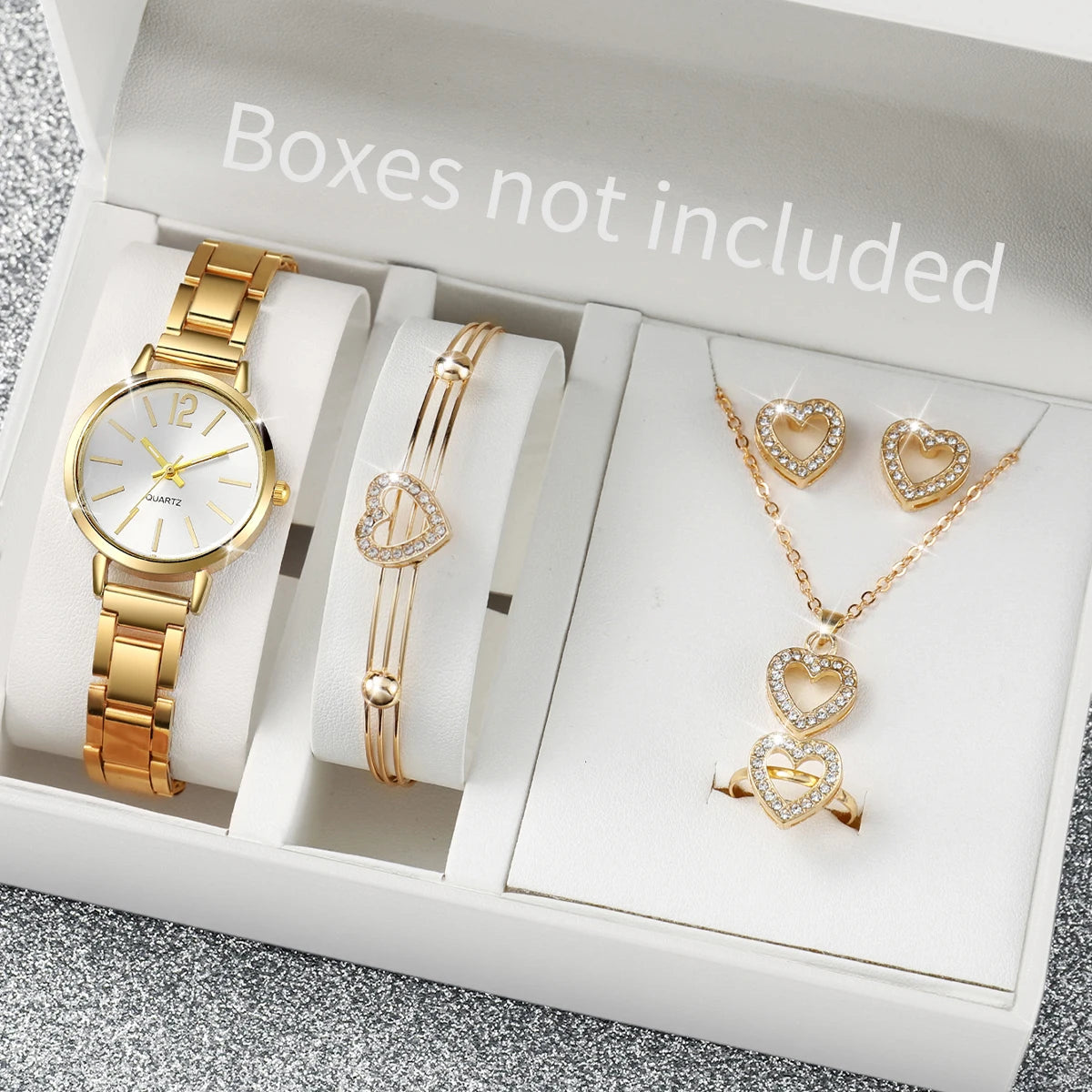6Pcs/Set Fashion Women'S Quartz Watch Stainless Steel Band Wrist Watches Diamond Jewelry Set(Without Box)