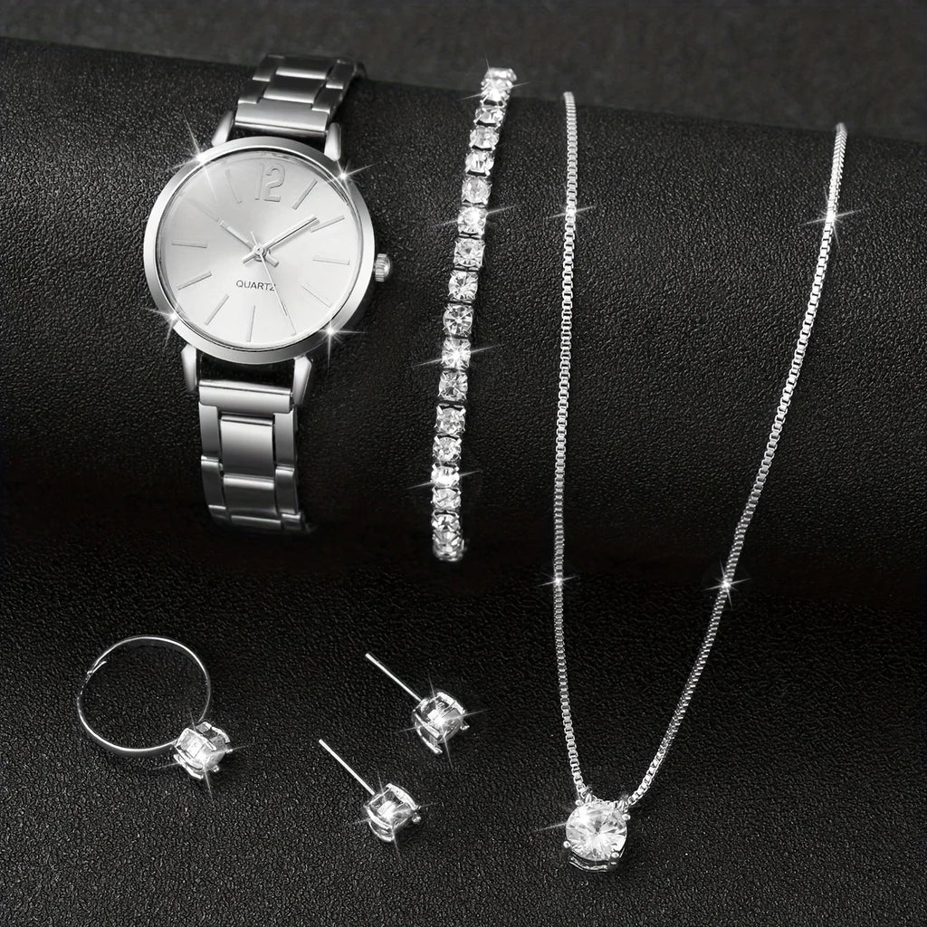 6Pcs/Set Fashion Women'S Quartz Watch Stainless Steel Band Wrist Watches Diamond Jewelry Set(Without Box)