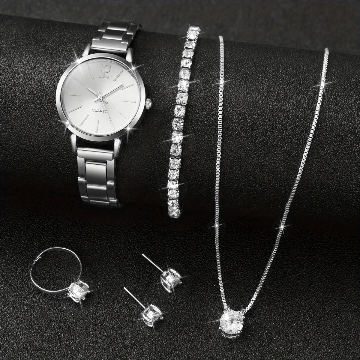 6Pcs/Set Fashion Women'S Quartz Watch Stainless Steel Band Wrist Watches Diamond Jewelry Set(Without Box)