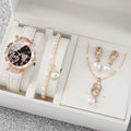 4Pcs/Set Women'S Shiny Rhinestone Quartz Watch Analog PU Leather Wrist Watch Faux Pearl Jewelry Set Girls Gift（Without Box）