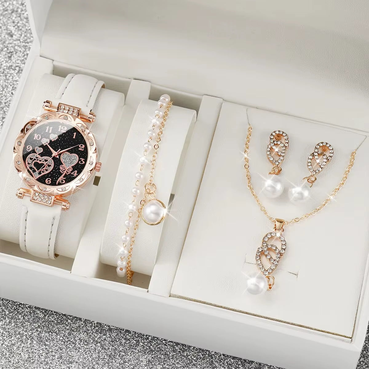 4Pcs/Set Women'S Shiny Rhinestone Quartz Watch Analog PU Leather Wrist Watch Faux Pearl Jewelry Set Girls Gift（Without Box）