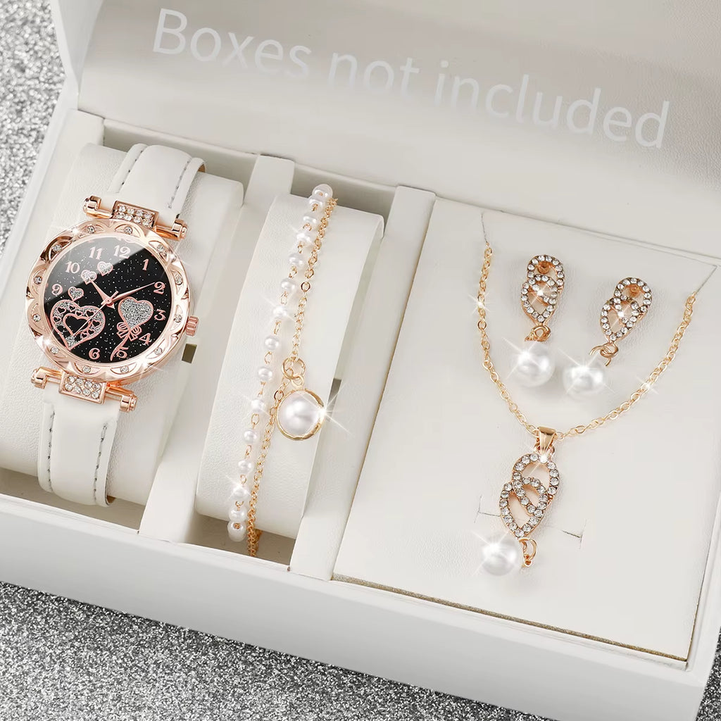 4Pcs/Set Women'S Shiny Rhinestone Quartz Watch Analog PU Leather Wrist Watch Faux Pearl Jewelry Set Girls Gift（Without Box）