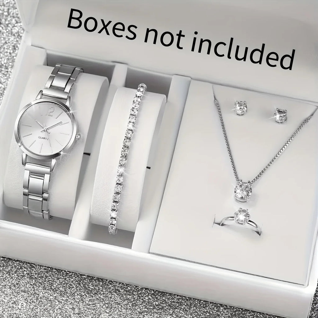 6Pcs/Set Fashion Women'S Quartz Watch Stainless Steel Band Wrist Watches Diamond Jewelry Set(Without Box)