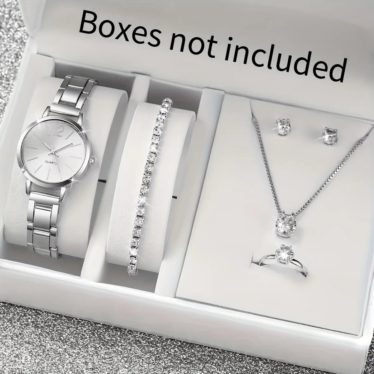 6Pcs/Set Fashion Women'S Quartz Watch Stainless Steel Band Wrist Watches Diamond Jewelry Set(Without Box)