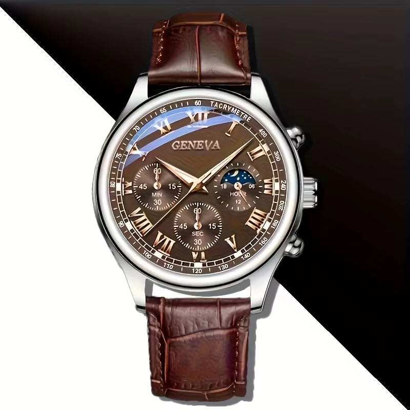 GENEVA High Quality Men'S Luxury Belt Fashion Quartz Watch Men round Business Student Sport Waterproof Glow Clock