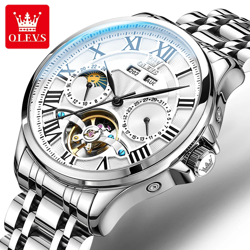 7013 Men'S Watch Fashion Moon Phase Mechanical Watch for Men Waterproof Roman Scale Hollow Flywheel Automatic Hand Clock