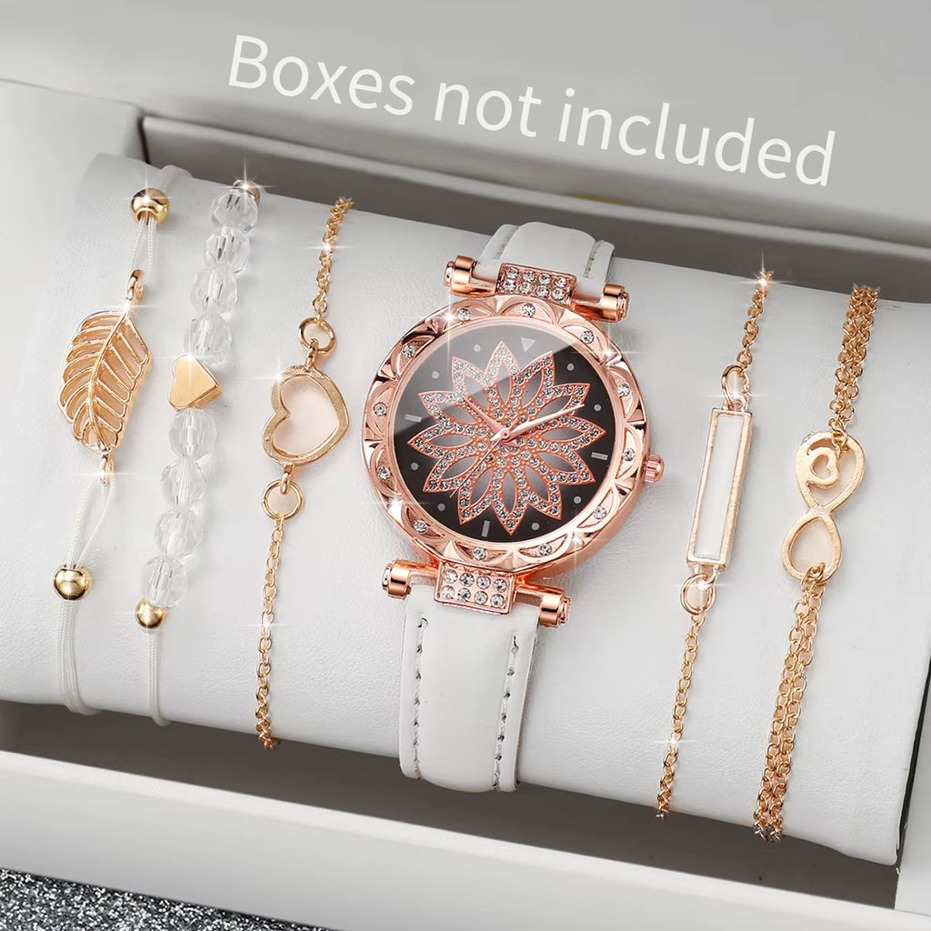 6Pcs/Set Fashion Heart Dial Women'S Watch Casual Leather Band Analog Quartz Watch Leaf Bracelets Set（Without Box）