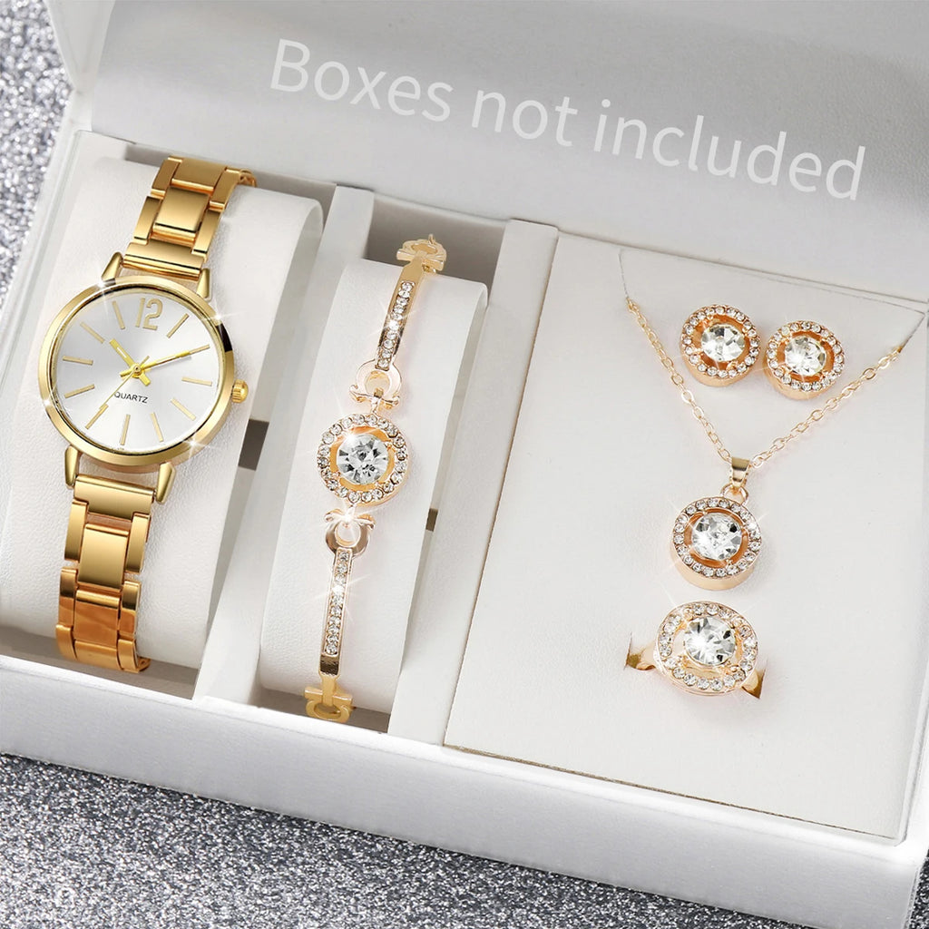 6Pcs/Set Fashion Women'S Quartz Watch Stainless Steel Band Wrist Watches Diamond Jewelry Set(Without Box)