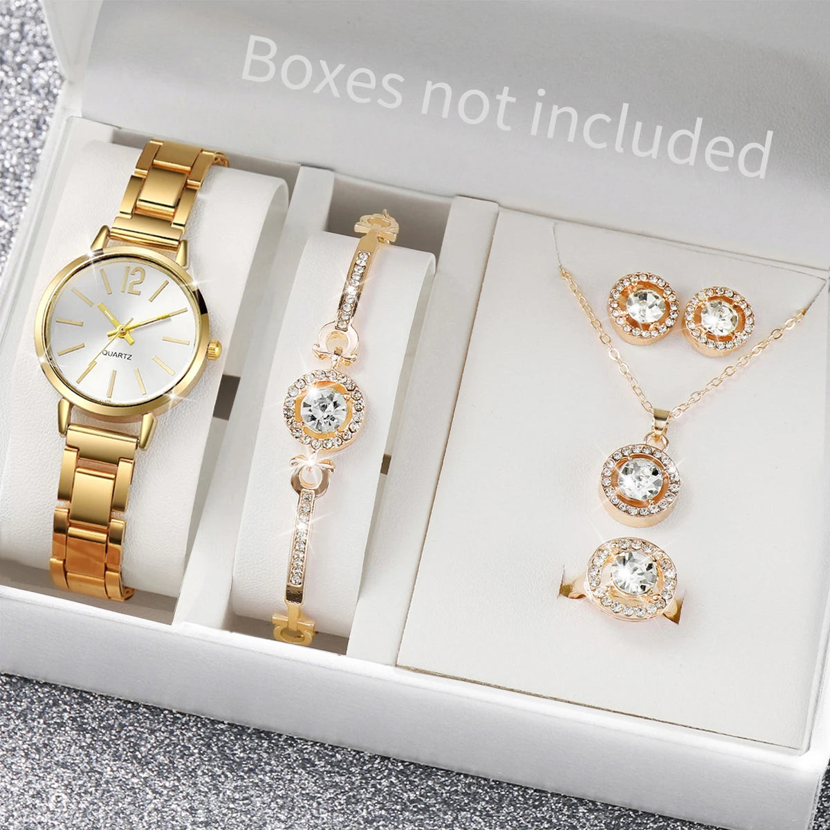 6Pcs/Set Fashion Women'S Quartz Watch Stainless Steel Band Wrist Watches Diamond Jewelry Set(Without Box)