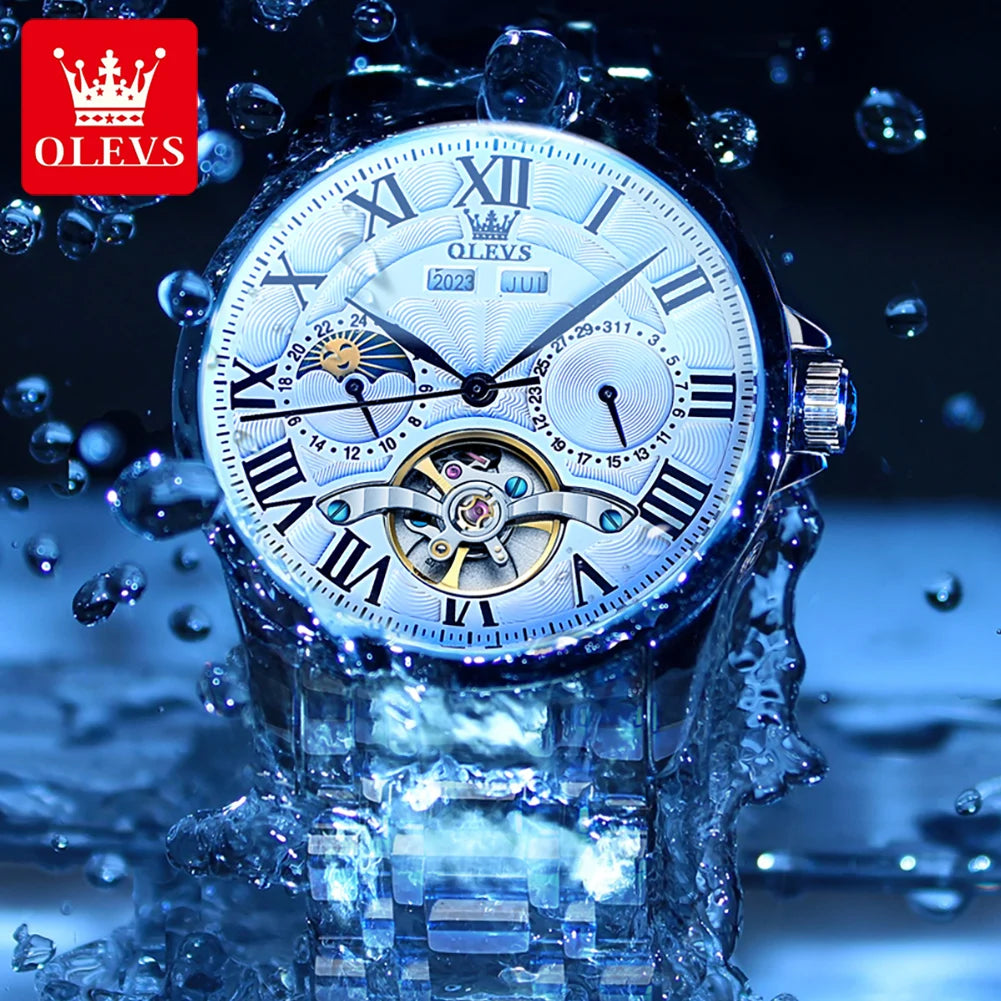 7013 Men'S Watch Fashion Moon Phase Mechanical Watch for Men Waterproof Roman Scale Hollow Flywheel Automatic Hand Clock
