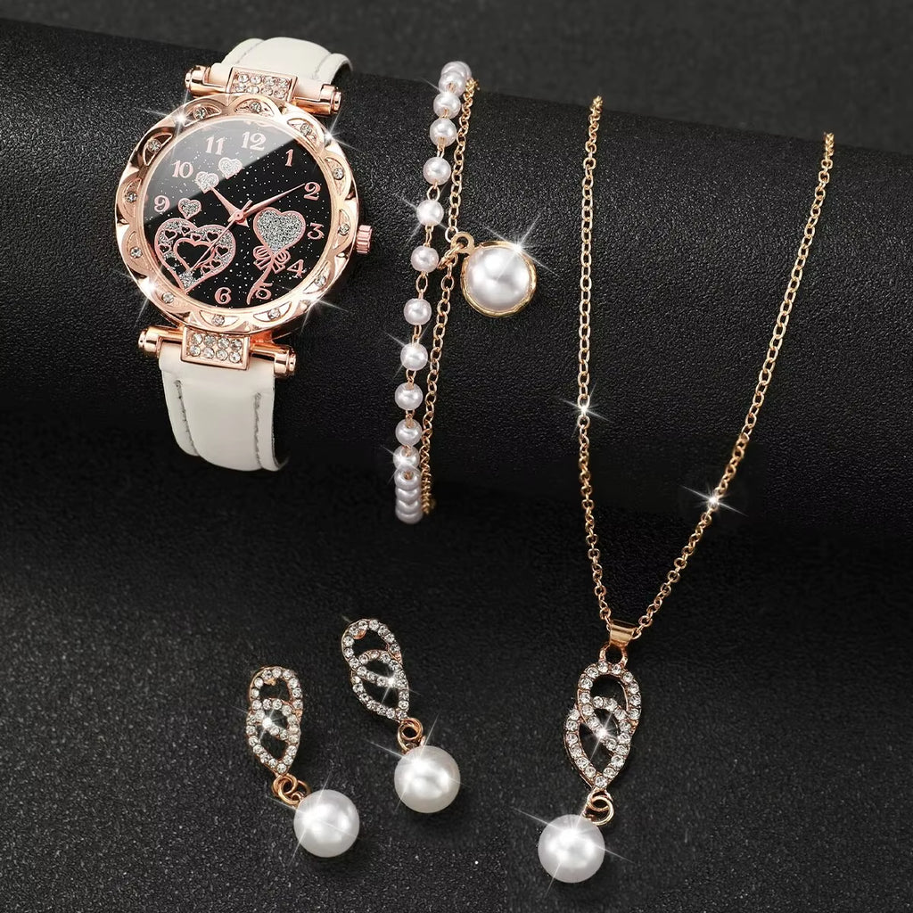 4Pcs/Set Women'S Shiny Rhinestone Quartz Watch Analog PU Leather Wrist Watch Faux Pearl Jewelry Set Girls Gift（Without Box）