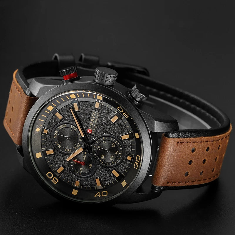 8250 Men'S Waterproof Casual Three-Hand Watch Business Leather Breathable Strap Wristwatch