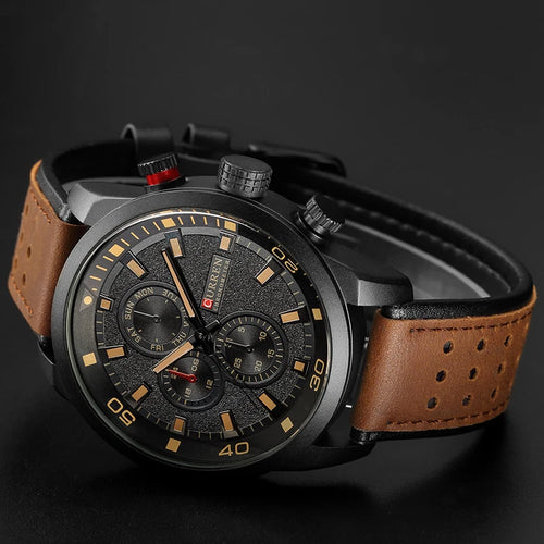 8250 Men'S Waterproof Casual Three-Hand Watch Business Leather Breathable Strap Wristwatch