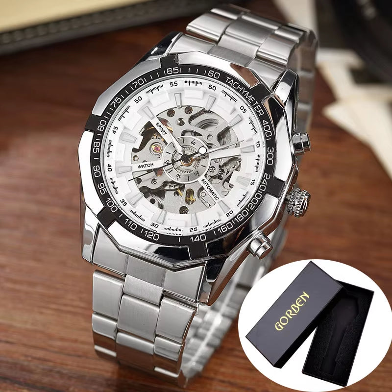 Skeleton Sports Automatic Stainless Steel Bracelet Chinese Mechanical Wrist Watches Mens Luxury Top Brand Gold Black Silver Gift
