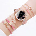 6Pcs/Set Fashion Heart Dial Women'S Watch Casual Leather Band Analog Quartz Watch Leaf Bracelets Set（Without Box）