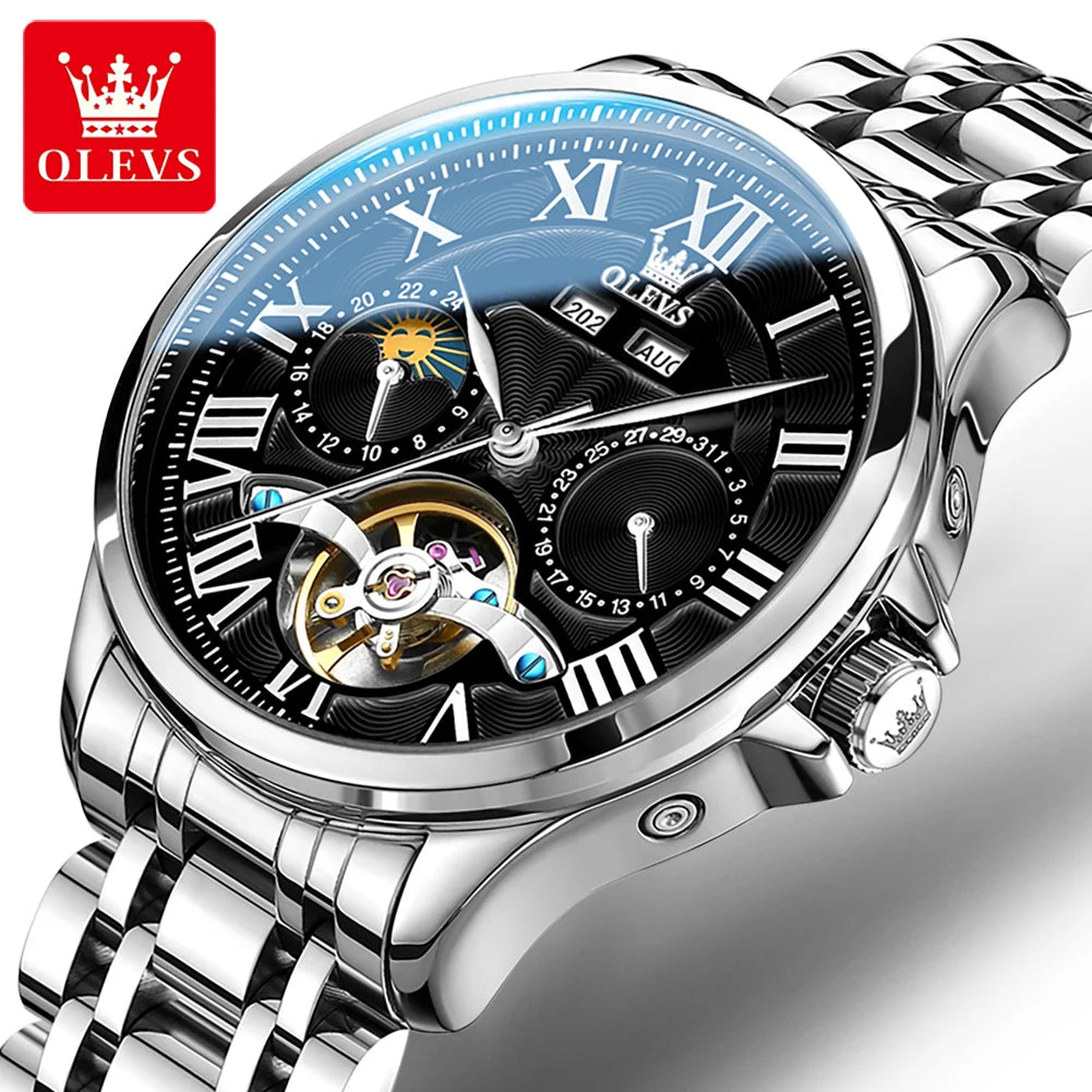 7013 Men'S Watch Fashion Moon Phase Mechanical Watch for Men Waterproof Roman Scale Hollow Flywheel Automatic Hand Clock