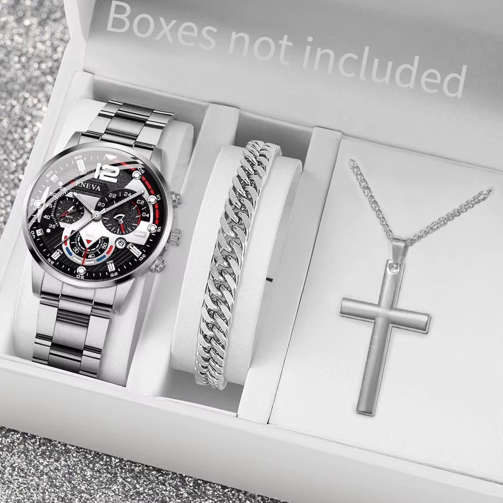 3PCS Fashion Men'S Watches Stainless Steel Band Analog Quartz Watch Date Watches Jewelry Set Reloj Hombre（Without Box）