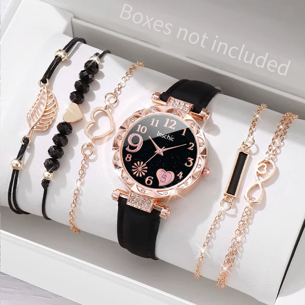 6Pcs/Set Fashion Heart Dial Women'S Watch Casual Leather Band Analog Quartz Watch Leaf Bracelets Set（Without Box）