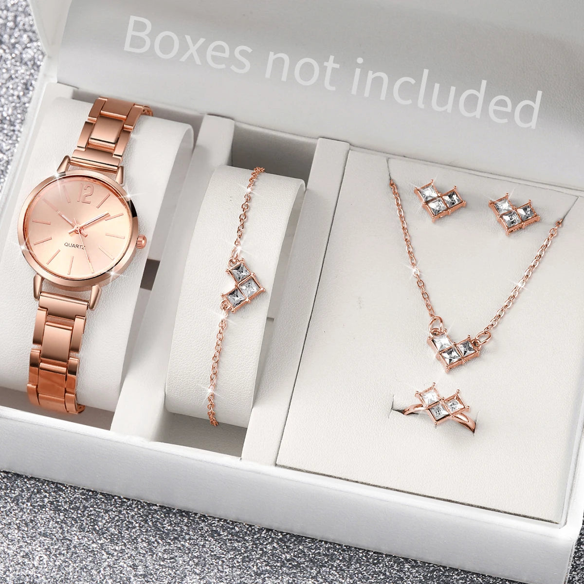 6Pcs/Set Fashion Women'S Quartz Watch Stainless Steel Band Wrist Watches Diamond Jewelry Set(Without Box)