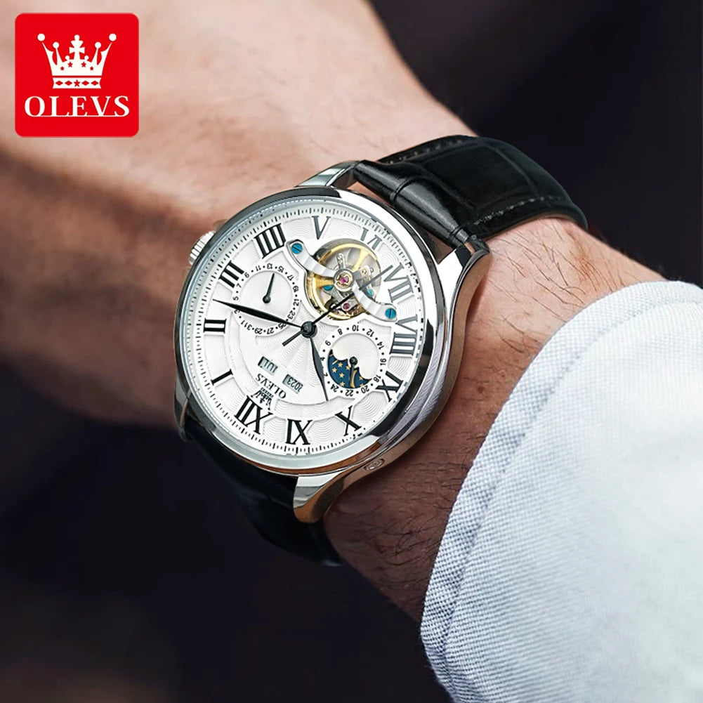 7013 Men'S Watch Fashion Moon Phase Mechanical Watch for Men Waterproof Roman Scale Hollow Flywheel Automatic Hand Clock