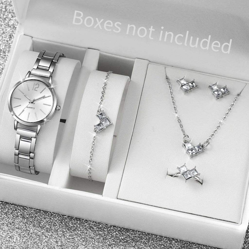 6Pcs/Set Fashion Women'S Quartz Watch Stainless Steel Band Wrist Watches Diamond Jewelry Set(Without Box)