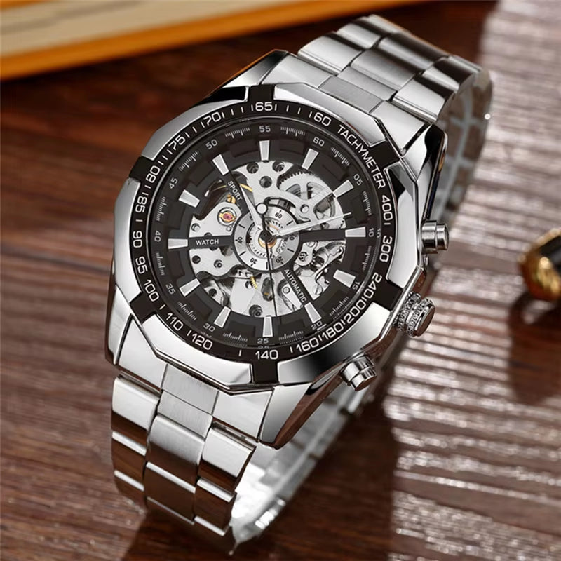 Skeleton Sports Automatic Stainless Steel Bracelet Chinese Mechanical Wrist Watches Mens Luxury Top Brand Gold Black Silver Gift