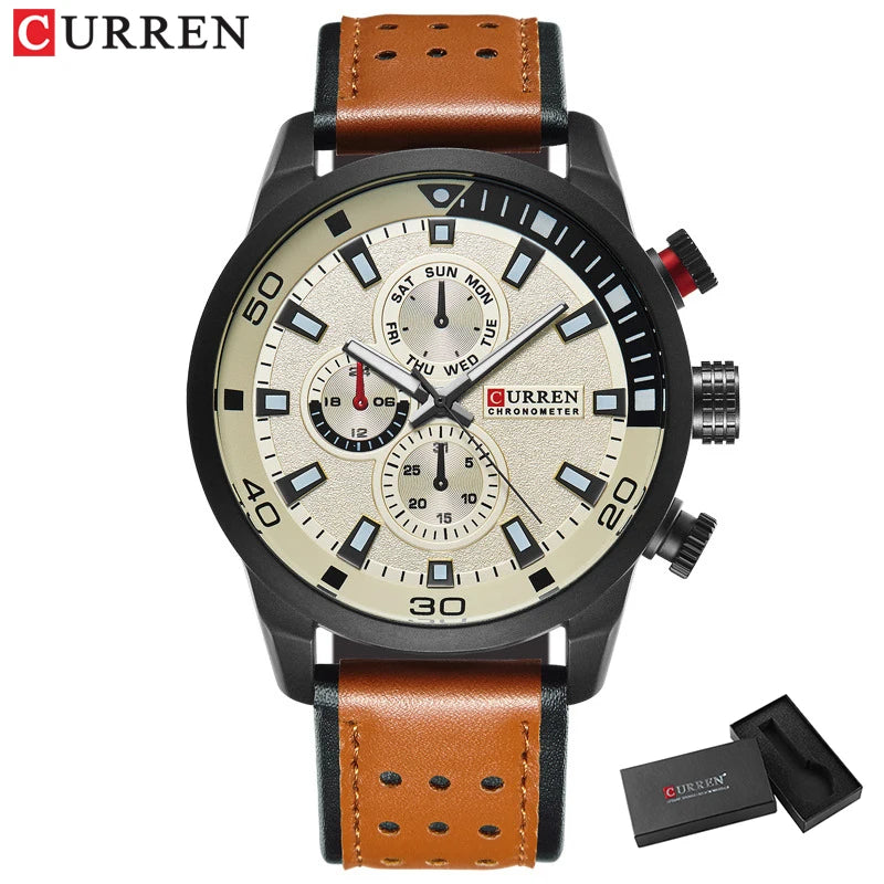 8250 Men'S Waterproof Casual Three-Hand Watch Business Leather Breathable Strap Wristwatch