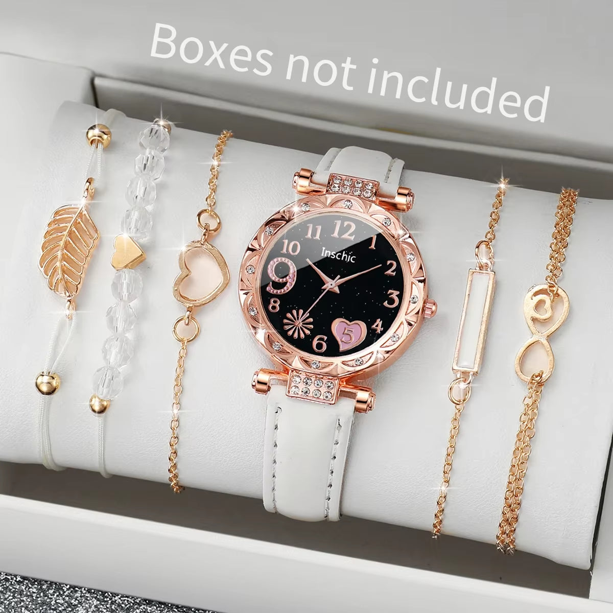 6Pcs/Set Fashion Heart Dial Women'S Watch Casual Leather Band Analog Quartz Watch Leaf Bracelets Set（Without Box）