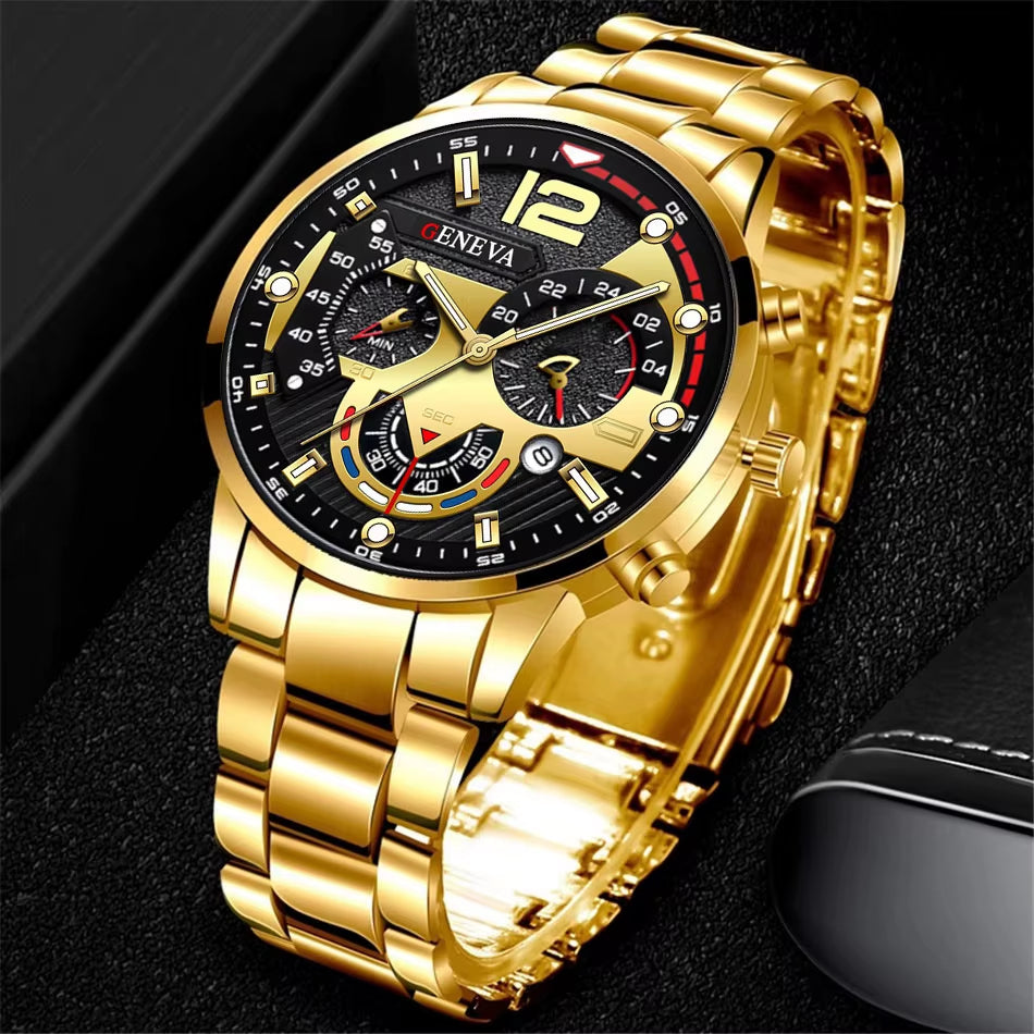 3PCS Fashion Men'S Watches Stainless Steel Band Analog Quartz Watch Date Watches Jewelry Set Reloj Hombre（Without Box）