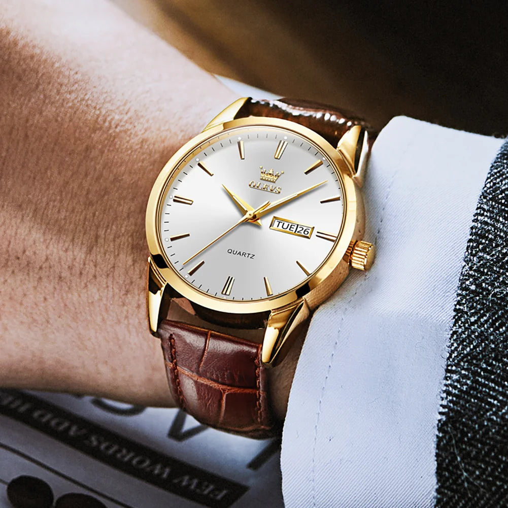 OLVES 6898 Top Brand Men'S Watches Original Simple Quartz Wristwatch for Man Waterproof Leather Strap Business Watch Casual